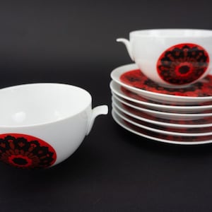 Bidassoa Set of 6 Vintage Cups Saucers 1970s | Coffee Tea Porcelain Mugs | White Red Black Floral Decor | Retro Kitchenware | Made in Spain