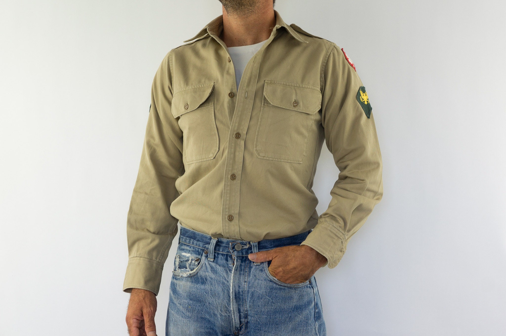 Vintage US Army Military Shirt WW2 1940s | Khaki Chino Shirt 