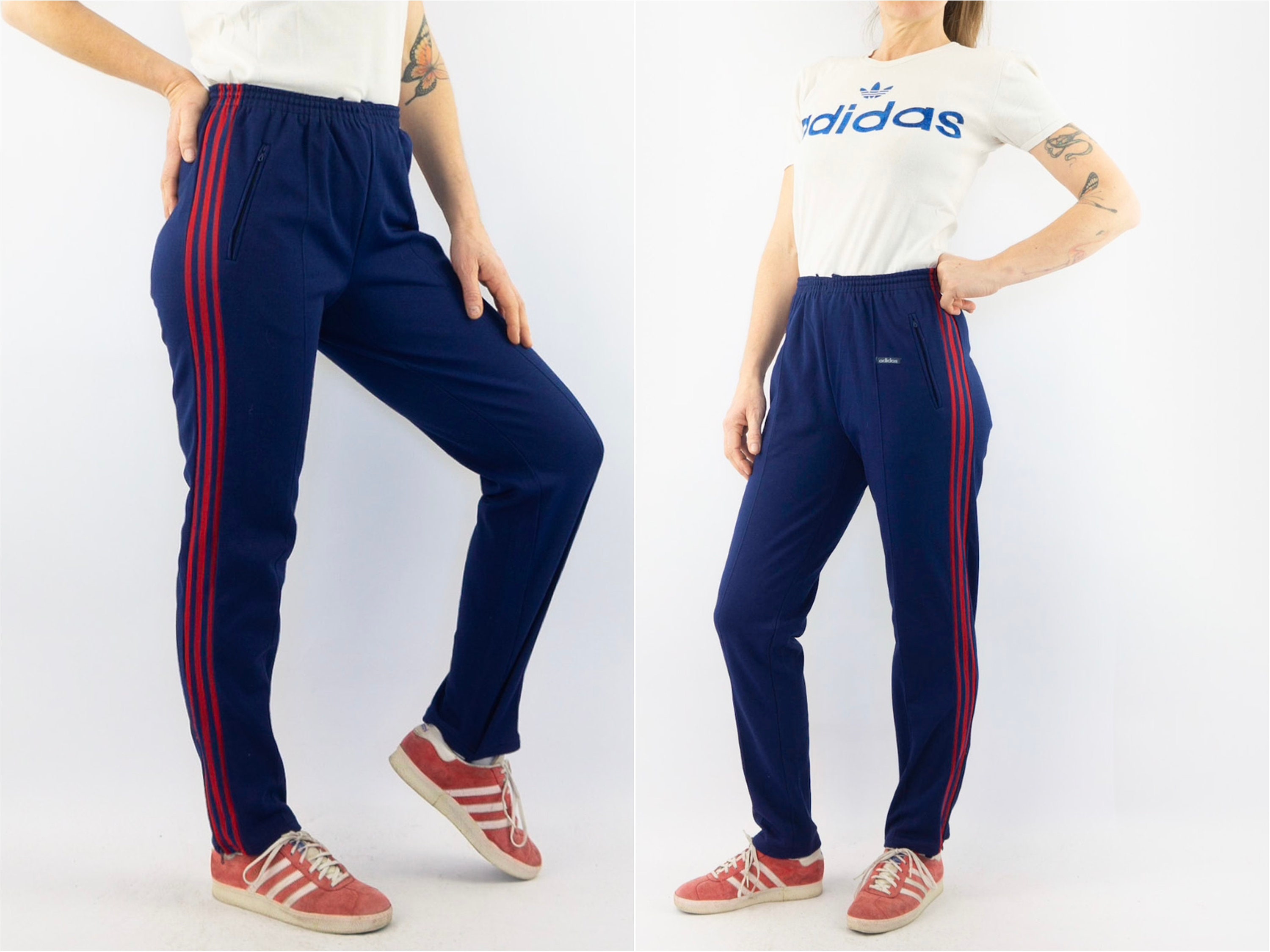 Adidas track pants hotsell blue with red stripes