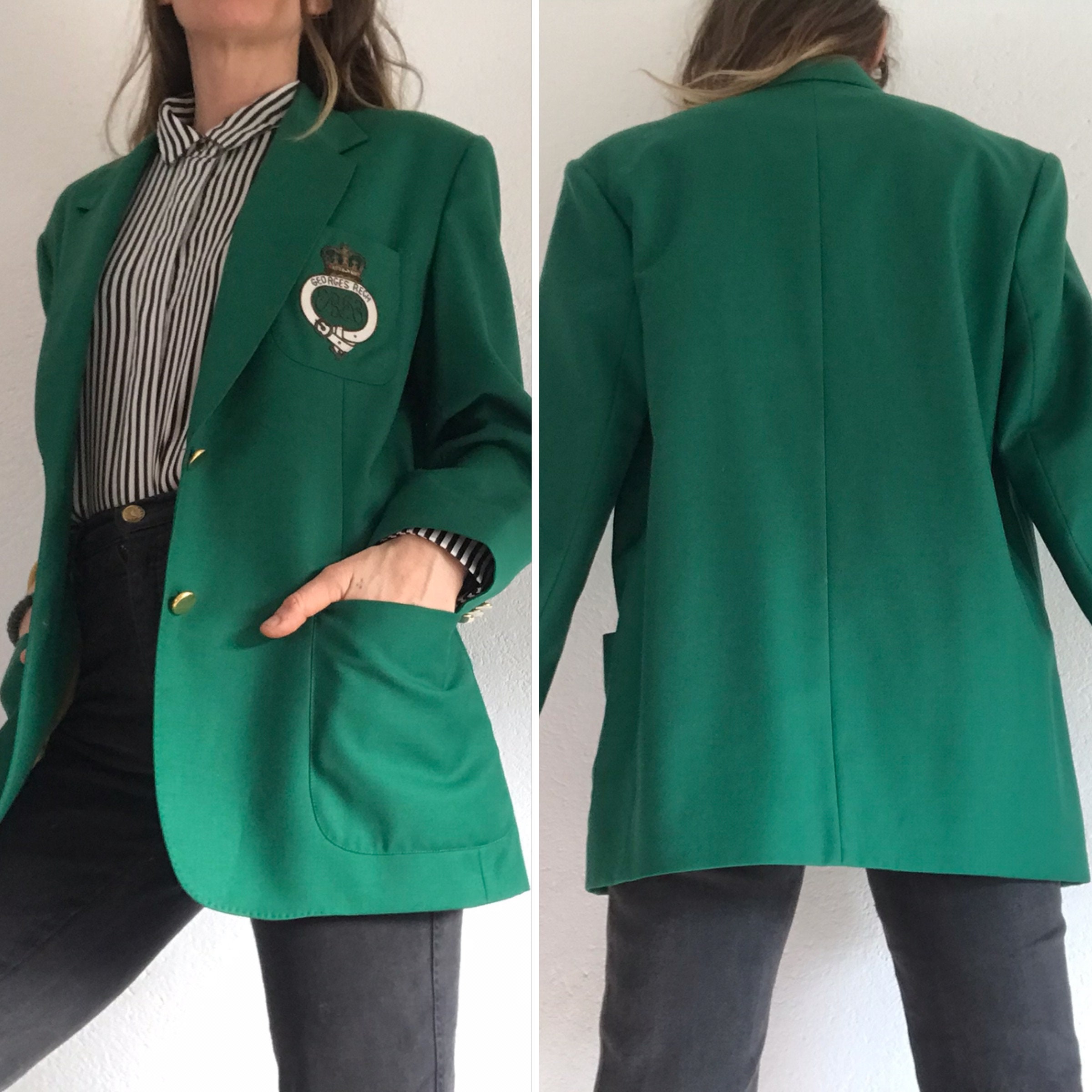 Rech Vintage Blazer Jacket 1980s Green Wool Etsy 日本