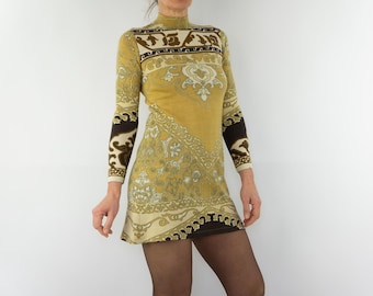 Sukienka Leonard Vintage o kroju litery A z lat 70. | Brązowa mini sukienka zimowa z dzianiny wełnianej | Mod | Francja | S