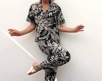 Traje vintage de algodón con estampado floral de Cacharel de los años 80 / Conjunto de camisa y pantalón / Hecho en Francia / Talla S/M