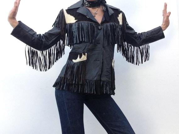 ジャケット・アウター 70s archive fringe leather western JKT Vintage Leather fringe western biker jacket size medium 70s