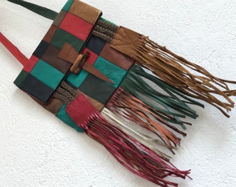 Vintage Patchwork Bag | 1970s | Leather Handbag | Multicolor Bag with Fringes | Hippie/Bohemian | Made in France | Small Bag