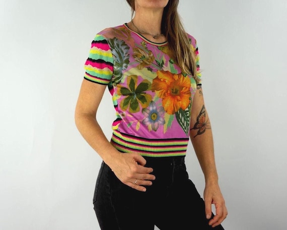 Christian Lacroix, Vintage Christian Lacroix Floral Print Top 1990s | Short Sleeves Knit Sweater | Colorful | M