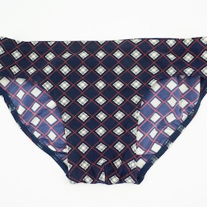 Vintage Swim Brief 1970s | Men’s Swimwear Navy Blue White Red | Jacquard Pattern Retro Shiny Swim Trunks | Rare Bathing Shorts | NOS | S/L