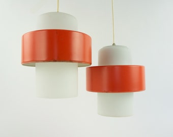 Louis Kalff - Philips | Pair Of 2 Vintage Pendant Lights | 1960s | Ceiling Lights | White Opaline and Orange Metal | Mid-Century