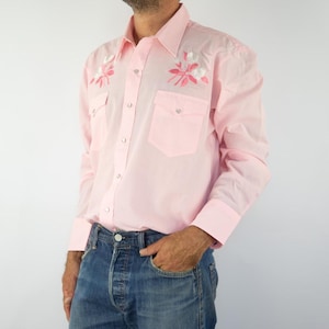 Karman | Vintage Western Shirt | 1970s | Pink Floral Embroidery Shirt  | Rodeo | Cowboy Shirt | Western Wear | Rockabilly | Retro | Size L