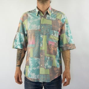 Vintage Print Shirt 1980s | Oversized Abstract Pattern Shirt | Multicolor Men&#39;s Summer Shirt | Short Sleeve Casual | Made in Italy | Size L
