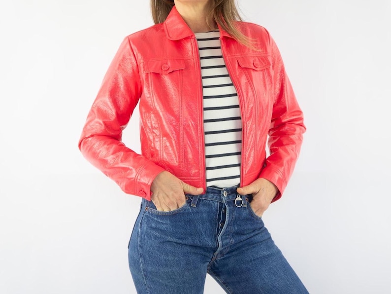 Vintage Naf Naf Pink Vinyl Jacket 1990s | Cropped Courrèges - Style Mod | France | S image 1