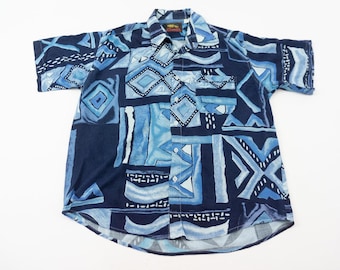 Camisa vintage con estampado abstracto, años 80, azul, manga corta, botones, estilo retro, talla M