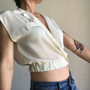 Short Vintage Top 1980s Shiny Ivory Blouse Crossed Blouse Sleeveless French Vintage Crop Top Made in France Size S image 5