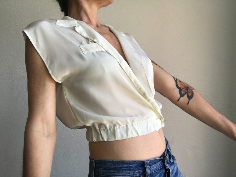 Short Vintage Top 1980s Shiny Ivory Blouse Crossed Blouse Sleeveless French Vintage Crop Top Made in France Size S image 5