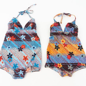 Vintage Swimsuit 1980s | One Piece Bathing Suit with Floral Pattern | Blue White or Blue Orange | Retro Swimwear | NOS | Made in Spain