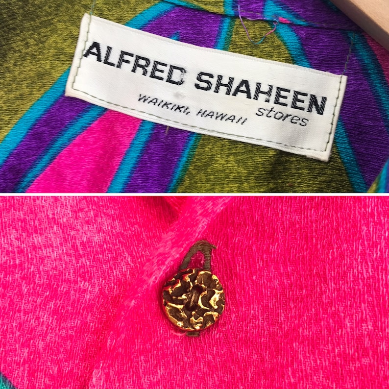 Abstract print Alfred Shaheen Bright colors Brass buttons 1960s Hawaiian Shirt Aloha shirt Size M Vintage