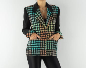 Vintage Women's Blazer 1980s | Black Wool Jacket, Colorful Houndstooth | Evening Suit Jacket | France | M