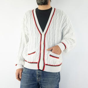 Buddy Vintage University Cardigan 1980s | White Knit Varsity Sweater | Red Green Trim | College Preppy Style | Size M