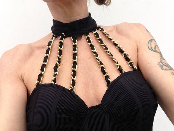 Vintage Bodycon Dress | 1980s | Black Dress With Gold Chains Vintage Bodycon Dress | 1980s | Black Dress With Gold Chains