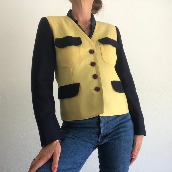 Charles Maudret | Blazer Vintage | 1980s | Veste Bicolore | Veste en Laine Jaune/Bleu | Veste Élégant Classique | Made in France | Taille 36