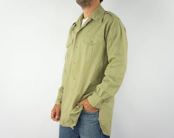 Vintage French Army Military Shirt 1950s | M47 Khaki Field Button