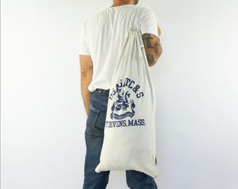 Vintage US Army Duffle Bag 1950s | White Cotton Military Laundry | Navy Print