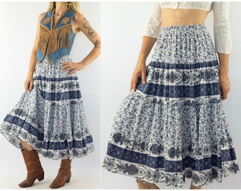 Vintage Peasant Skirt | 1970/80s | French Provence Skirt | White/Blue Floral/Paisley Pattern | Cotton | Prairie Skirt | Made in France