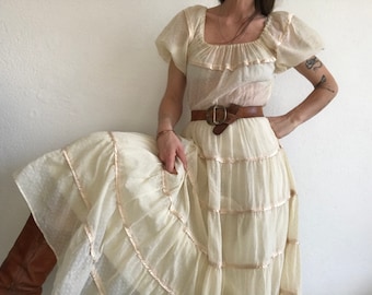 Romantic Vintage Dress 1960s | Ivory Summer Ruffle Dress Polka Dots | Peasant Boho | France | S