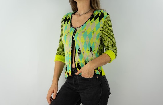 Christian Lacroix, Vintage Christian Lacroix Jacquard Cardigan 1990s | Colorful Geometric Knit, Sequin & Beads | S