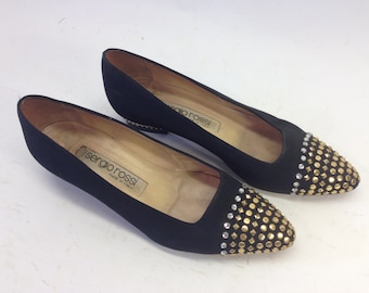 Vintage Sergio Rossi Ballerina Shoes 1980s | Black Canvas & Leather, Rivets | Italy | UK3.5-4 US6