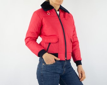 Vintage Pink Quilted Ski Jacket 1970s | Retro Snow Puffer, Faux Fur Collar | XS