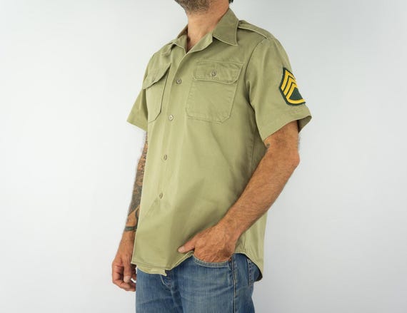 リメイク　70年代US Army ミリタリーシャツ 半袖 カーキ 1970年代 米軍 ヴィンテージ ミリタリーシャツ | カーキ コットン