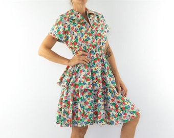Vintage Ruffle Dress 1980s | White Colorful Floral Pattern | Cotton Summer Dress | Sleeveless | France | M