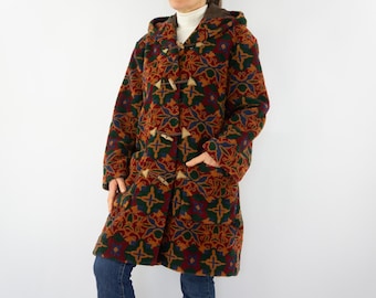 Vintage Geometrischer Dufflecoat 1980s | Mittellange Faux Fur Oversize Toggle Jacke | M