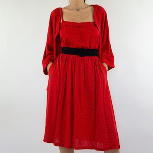 Vintage Skirt Set 1980s | 4 Piece Red and Black Polka Dot Suit | Jacket Skirt Blouse Top | Cotton Retro Ensemble | Made in France | Size S