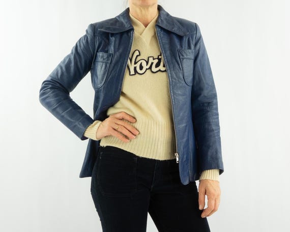 Vintage Blue Leather Jacket 1970s | Fitted with Zip, Large Collar, Chest Pockets | Retro | S