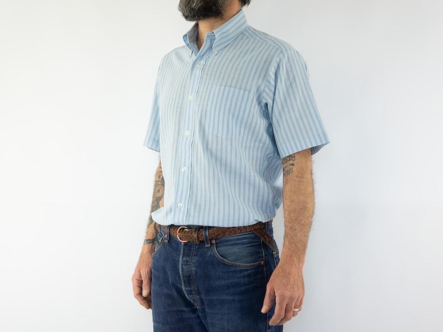 Sears Vintage Shirt 1960s | Blue Striped Short Sleeve Button Down