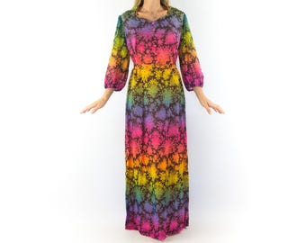 Vintage Maxi Dress 1970s | Long Multicolor Psychedelic Floral | Puff Sleeves | Retro Evening | M/L