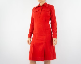 Vintage Wool Dress 1970s | Red Mod A-Line | Long Sleeve Pleated Winter Dress | France | S