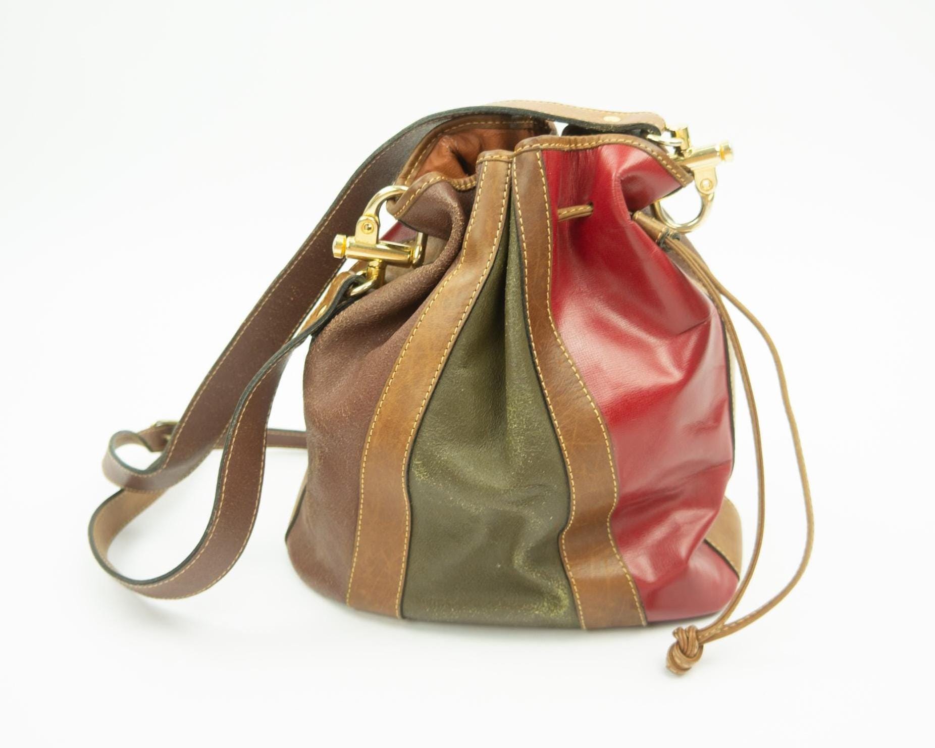 Vintage Leather Bucket Bag 1980s | Multicolor Shoulder Bag, Drawstring ...