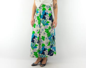 Falda larga vintage de los años 70 / Estampado floral psicodélico azul / Corte A / Botones delanteros / Francia / M
