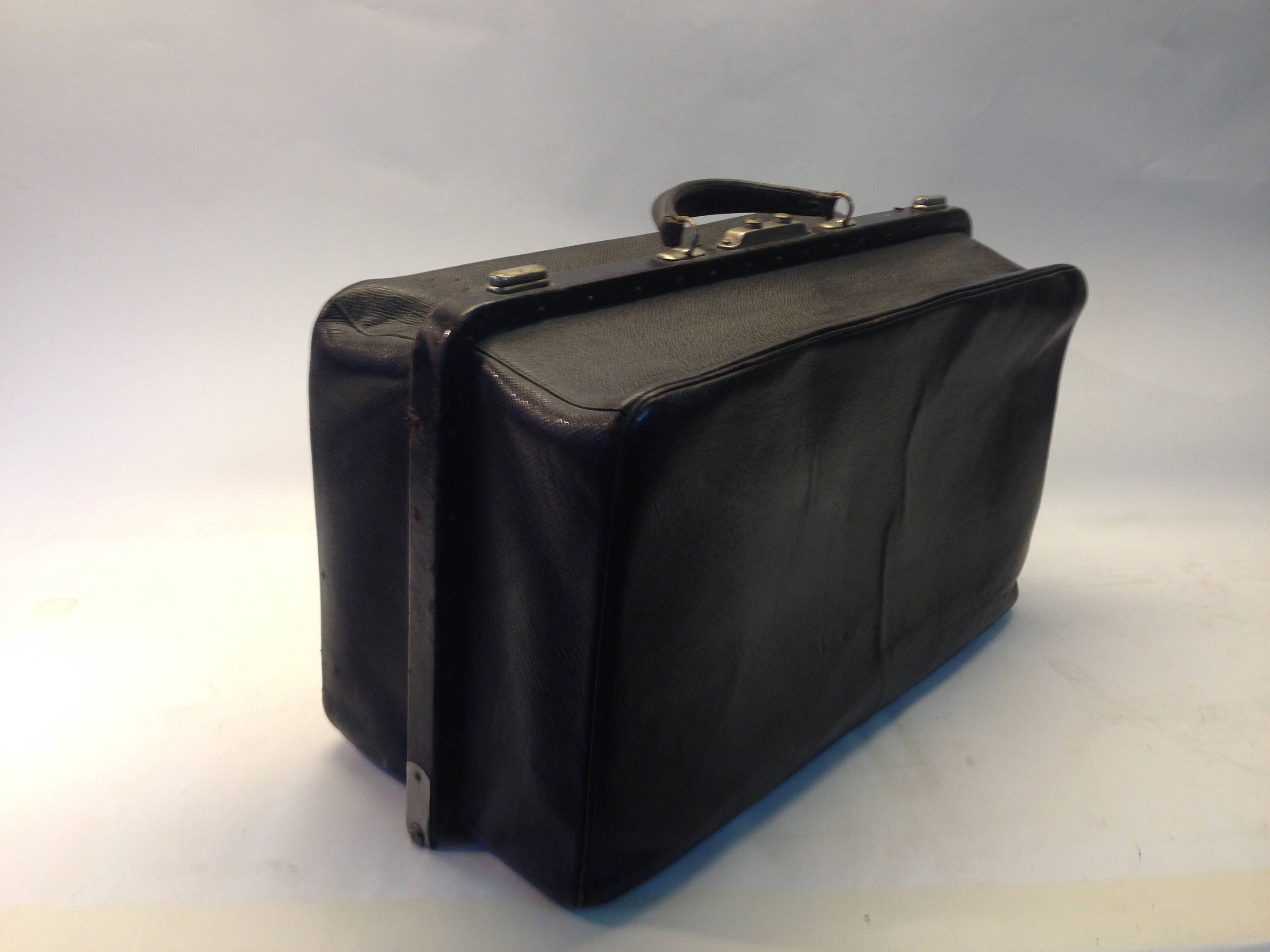 Copperton Lane: 1930s Black Naugahyde Doctor or Gladstone Bag