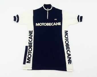 Maillot de ciclismo vintage Santini años 70 / Azul marino y blanco, equipo Motobecane / Hecho en Italia / Talla M