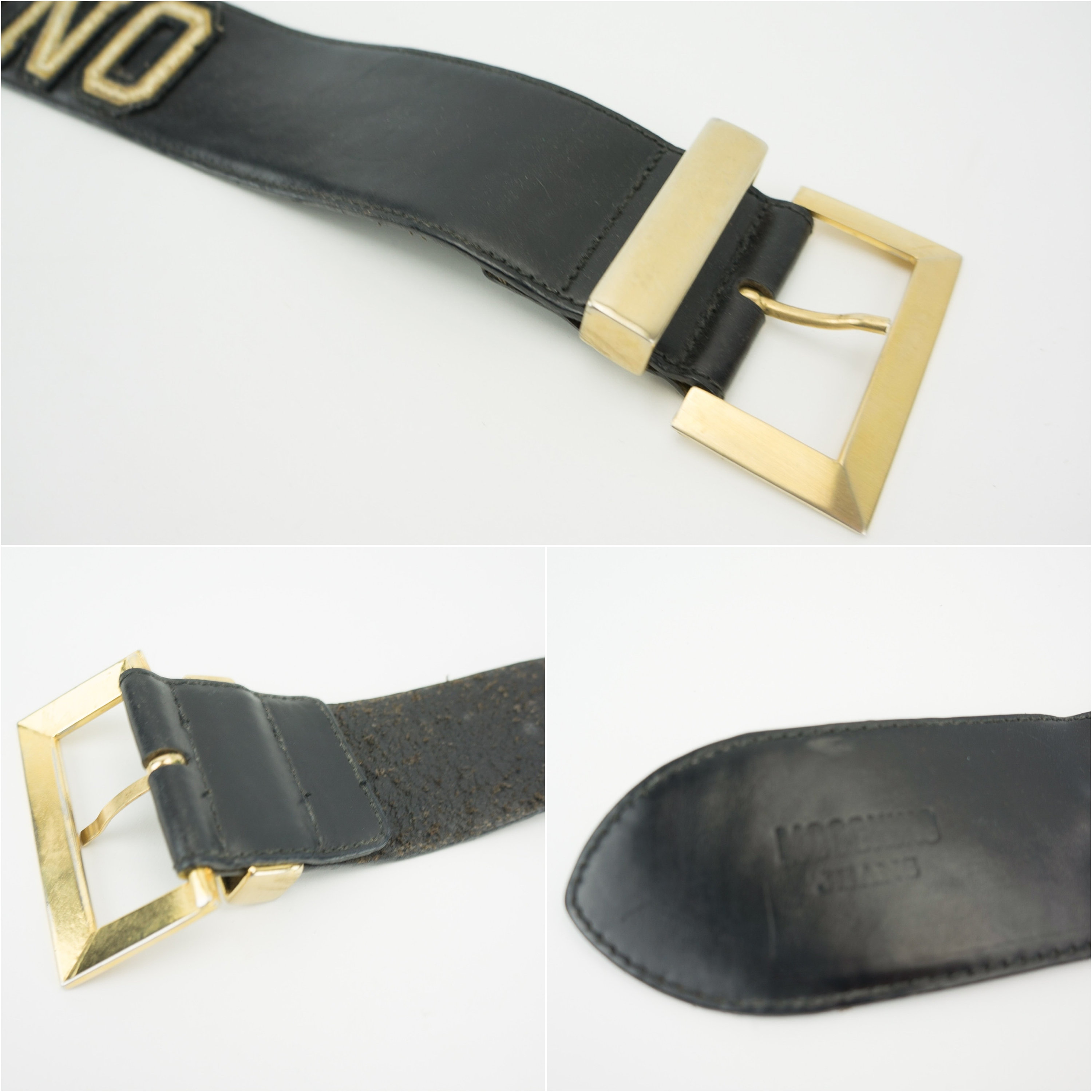 Vintage Moschino Belt 1990s | Black Leather Gold Lettering  display picture 2