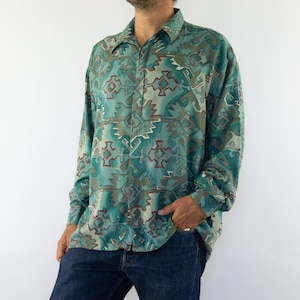 Vintage 1980s Crazy Print Shirt | Green Geometric Pattern | Native Aztec Look | Long Sleeves Button Up Shirt | Multicolor | Loose Fit | L
