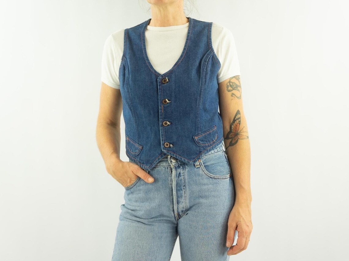 Vintage Wrangler Vest 1970/80s | Fitted Western Cut | Dark Blue Denim | USA | L, foto 4 de 5
