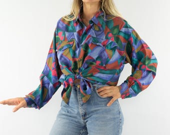 Vintage  Silk Shirt 1980s | Abstract Print, Oversize | 90s Fashion | Size XL