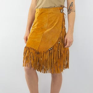 Vintage Leather Skirt | 1980s | Brown Suede Fringe Skirt | Wrap Skirt | Pocahontas/Boho | Festival | Silver Buckle | Made in France | S/M