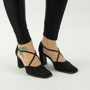 Vintage Pumps | 2000s | Black Peachskin High Heels | Stretch Front Crossing | Slip Ons | Dance Shoes | Made in France | Size 38/UK5,5/US6,5