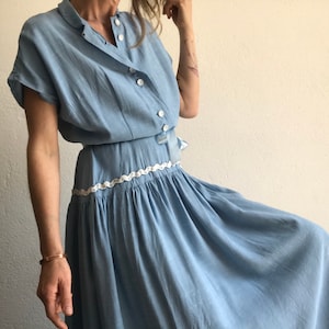 Vintage Summer Dress | 1950s | New Look Dior Style Dress | Blue/White Cotton | Peter Pan Collar | Buttoned Dress | Made in France | Size S/M