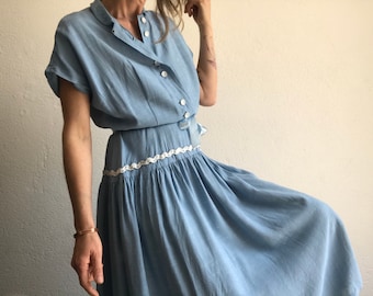 Vintage Summer Dress | 1950s | New Look Dior Style Dress | Blue/White Cotton | Peter Pan Collar | Buttoned Dress | Made in France | Size S/M